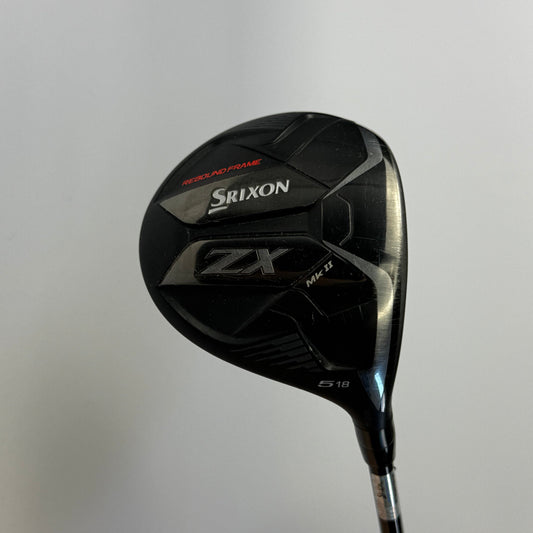Right handed fairway wood golf club with 'Srixon' branding on a gray background. Model of the club is Srixon ZX MKII