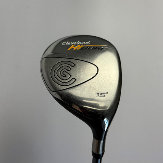 Right handed fairway wood golf club with Cleveland HiBore branding on a gray background