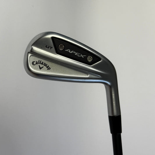 Golf club (driving iron) with Callaway Apex branding on a gray background