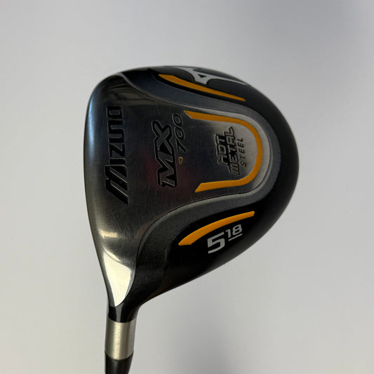 Left handed golf club fairway wood with Mizuno MX700 branding on a gray background