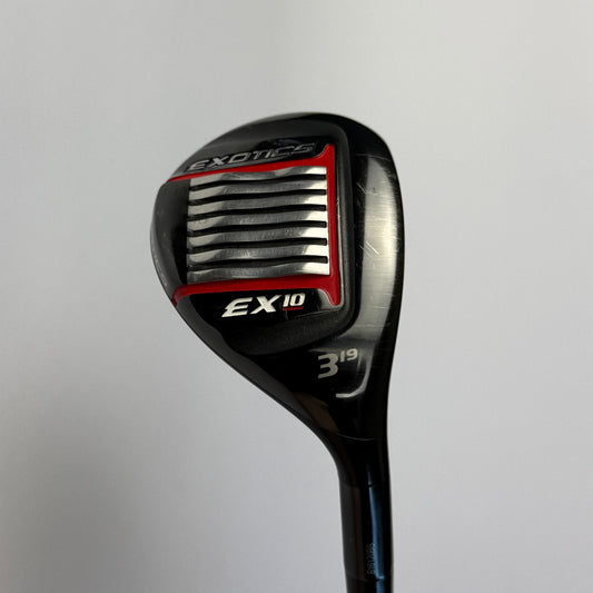 Hybrid golf club with 'Exotics EX10' branding on a gray background