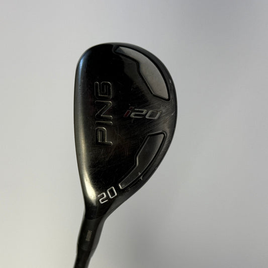 Hybrid golf club with 'PING' branding on a light gray background